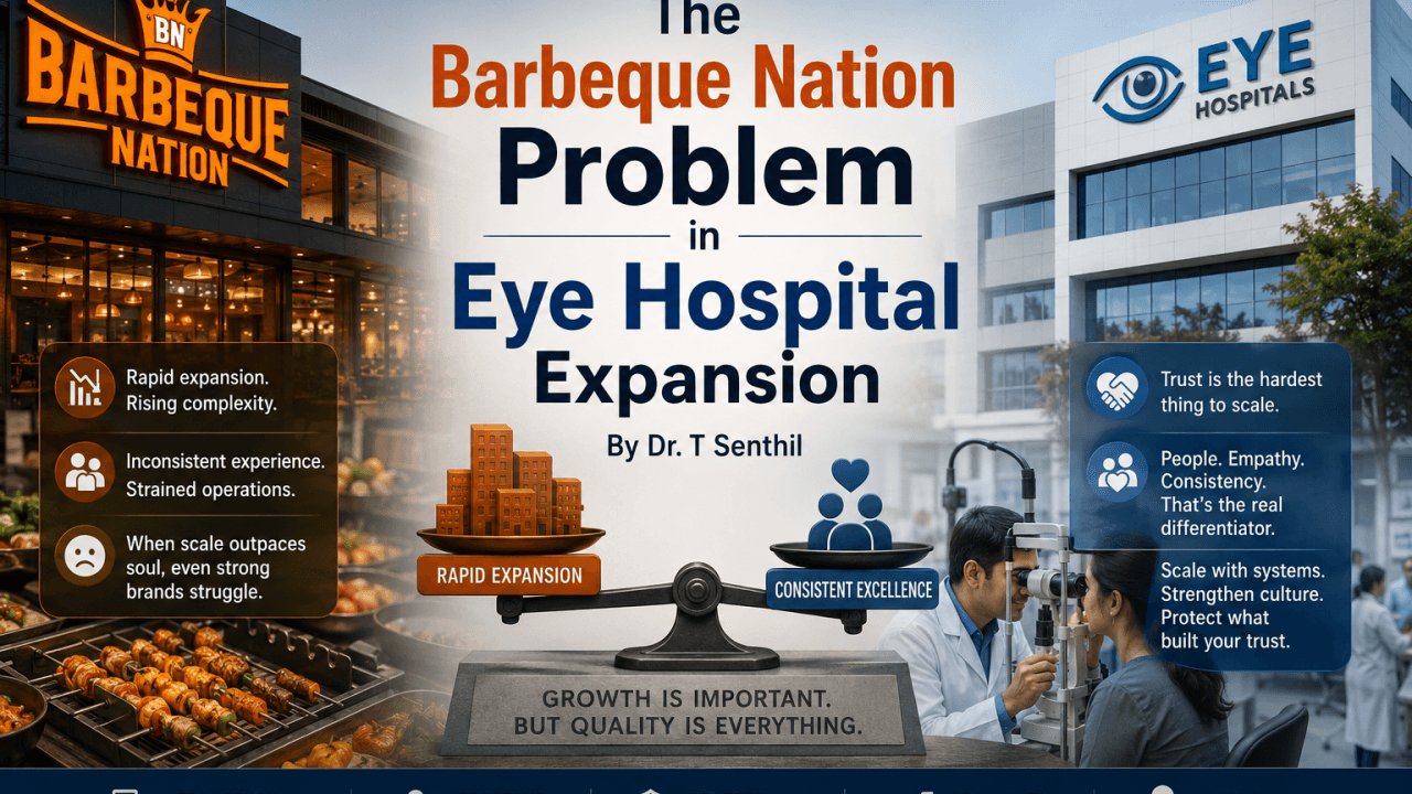 Blog artwork about the Barbeque Nation problem in eye hospital expansion